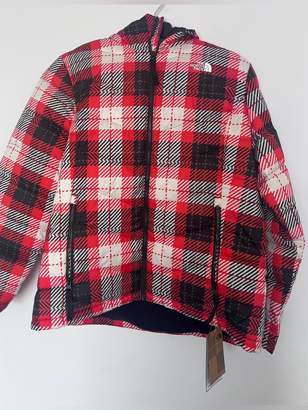 The North Face women’s Red Plaid Hooded Puffer Jacket